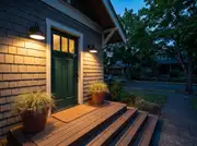 Craftsman porch at dusk with two matching glowing black sconces around a forest-green door and grass planters