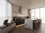 Interior view of a Quiet Luxury kitchen with a dramatic Calacatta Viola marble slab backsplash and dark oak cabinetry.