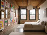 Loft bedroom with exposed brick and a dense gallery wall of colorful framed art above a beige sofa by arched windows