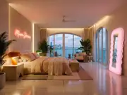 Warm-lit bedroom with an arched window over a city bay, a beige bed, a pink Miami Dreams neon sign, and a wavy glowing mirror