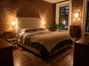 Small brick-walled bedroom with a pair of plug-in wall sconces flanking an upholstered headboard