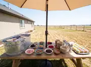 Picnic table under an umbrella with a tub of ice cream pints, bowls of toppings, paper bowls and a tray of cupcakes