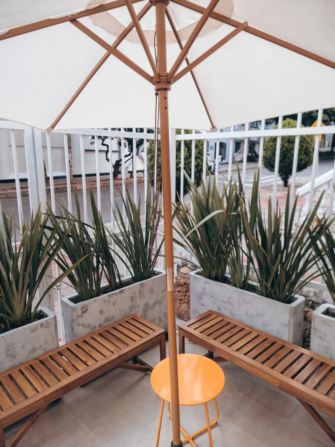 A wooden bench flanked by two concrete planters with tall potted plants under a patio umbrella