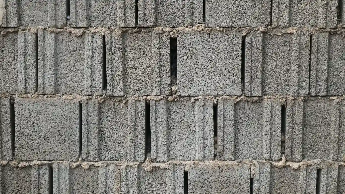 Close-up of gray cinder blocks stacked for a DIY backyard bbq area island