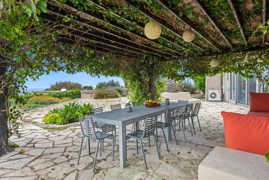 A patio covered by a vine-draped pergola, showing a covered patio that still isn't a porch