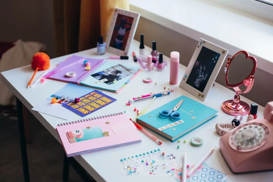 A colorful desk covered in kawaii stationery, notebooks, and a pink rotary phone