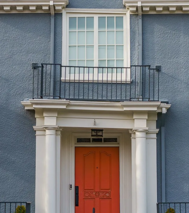A house entrance with a vibrant red front door and white trim