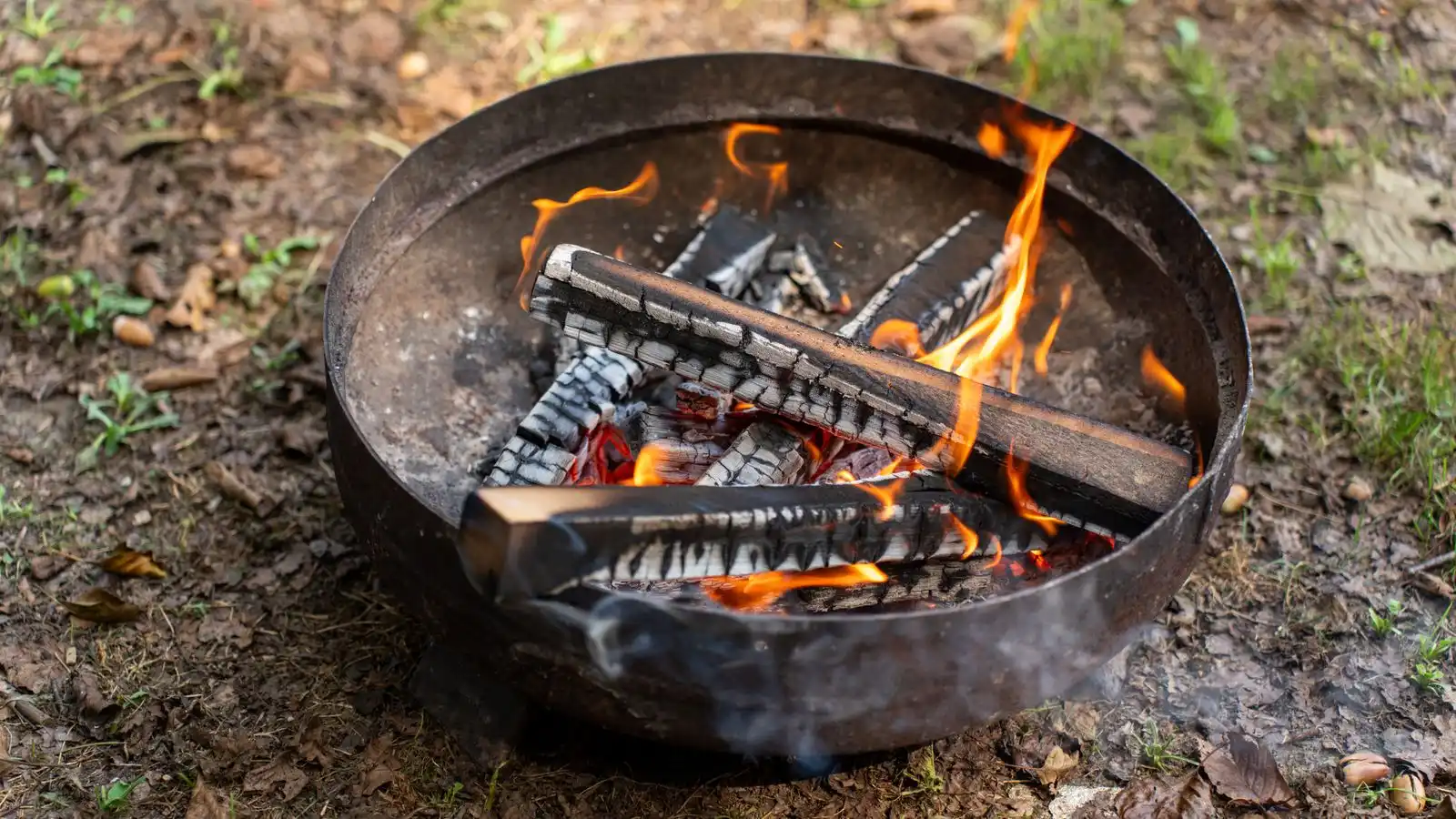 A cast-iron fire pit bowl burning on bare grass and dirt, scorching the lawn