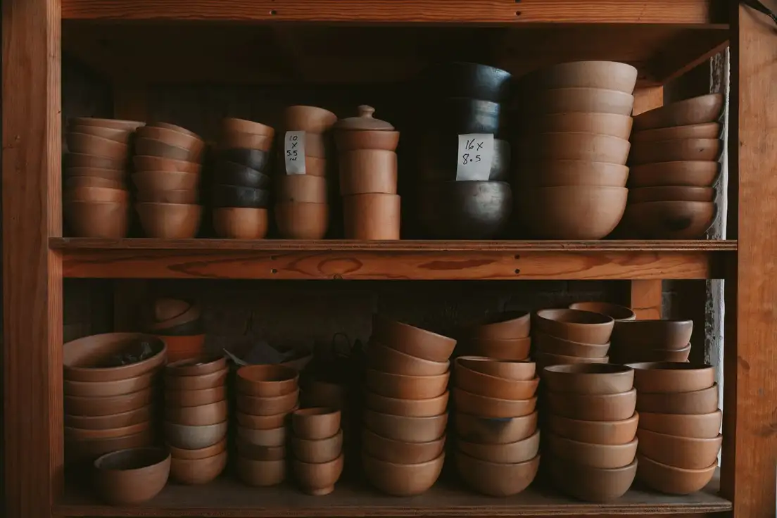 Handmade terracotta bowls and stoneware stacked on rustic wood shelves, budget organic modern decor shopping