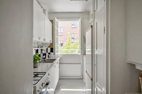 A small white apartment kitchen with an open window, gas range, and a potted plant on the counter