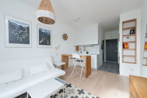A small apartment living room with a kitchen zone visible through an open doorway, an example of small apartment ideas for a compact layout