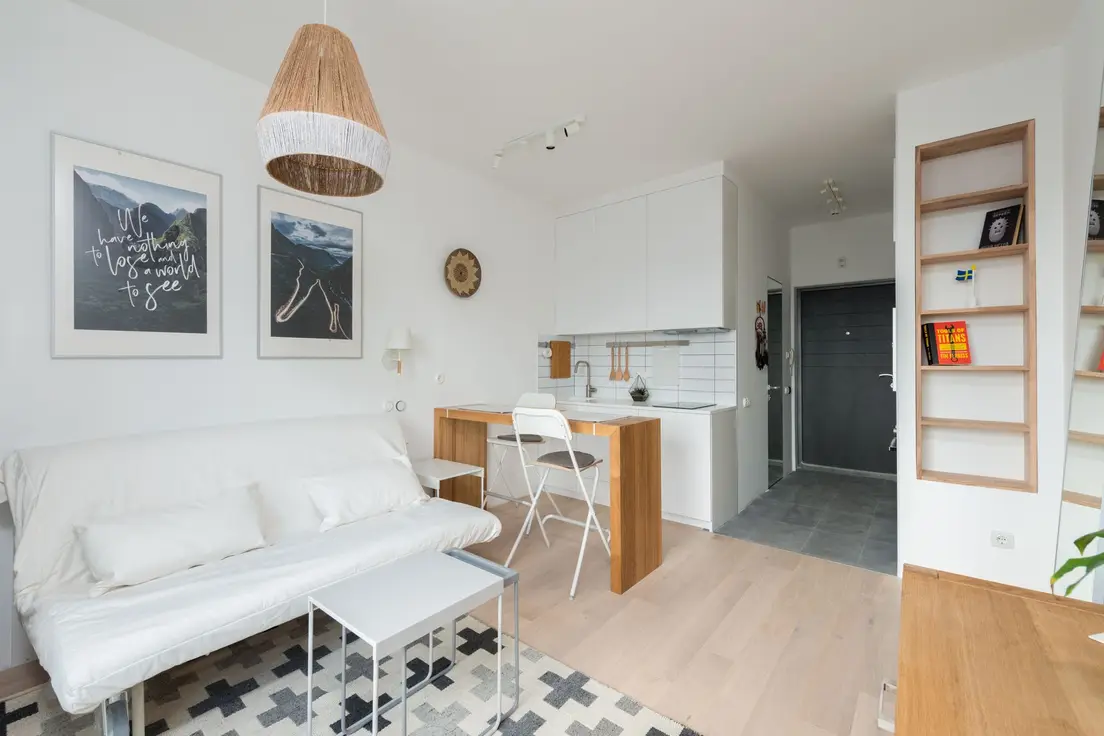 A small open-concept apartment where the kitchen and living room share one bright room with a shared color palette