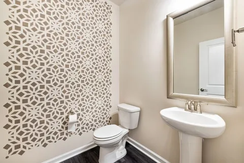 A powder room with a geometric stencil accent wall, wall-mounted toilet paper holder, and framed mirror over a pedestal sink