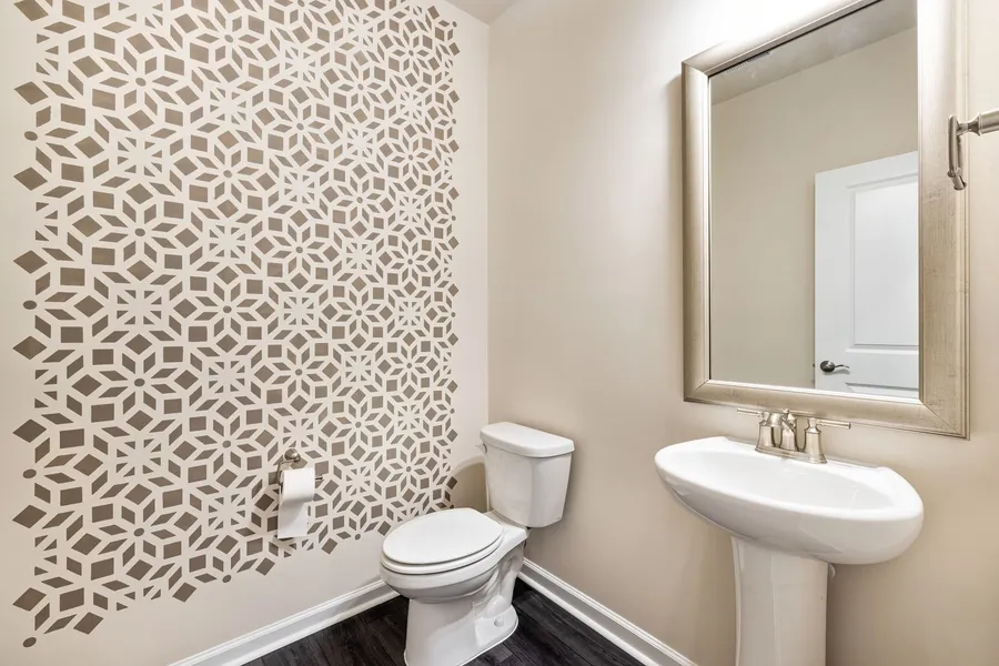 A powder room with a geometric stencil accent wall, wall-mounted toilet paper holder, and framed mirror over a pedestal sink