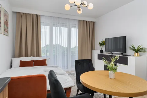 A compact studio apartment with a bed doubling as a sofa and a small round dining table, an example of multifunctional furniture for small apartments
