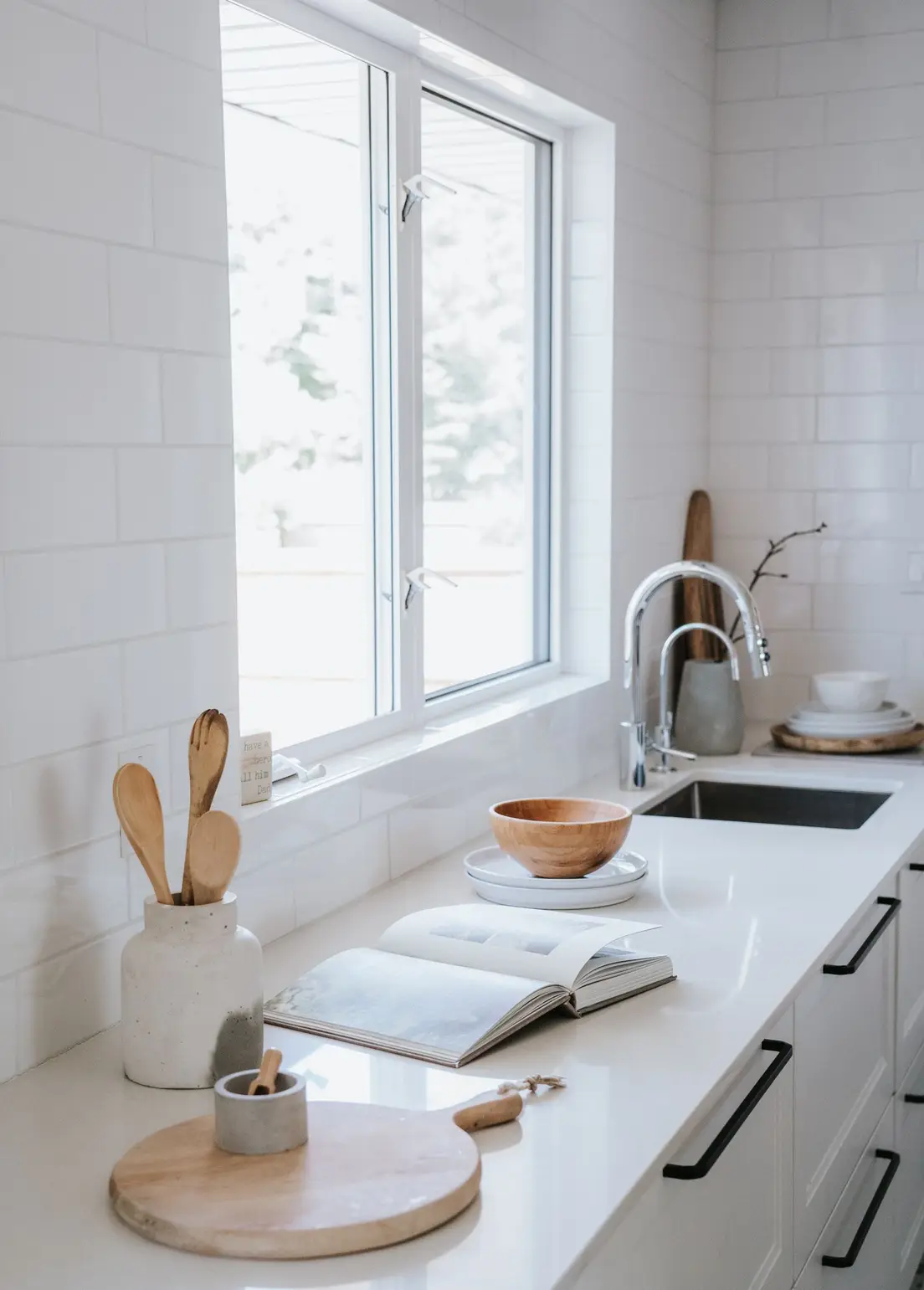 A white subway-tile japandi kitchen counter with a wooden bowl, cutting board, and utensil jar