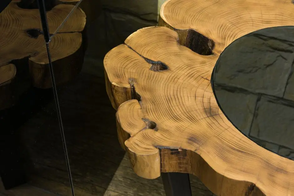 A live-edge wood coffee table with visible grain, an organic modern living room furniture idea