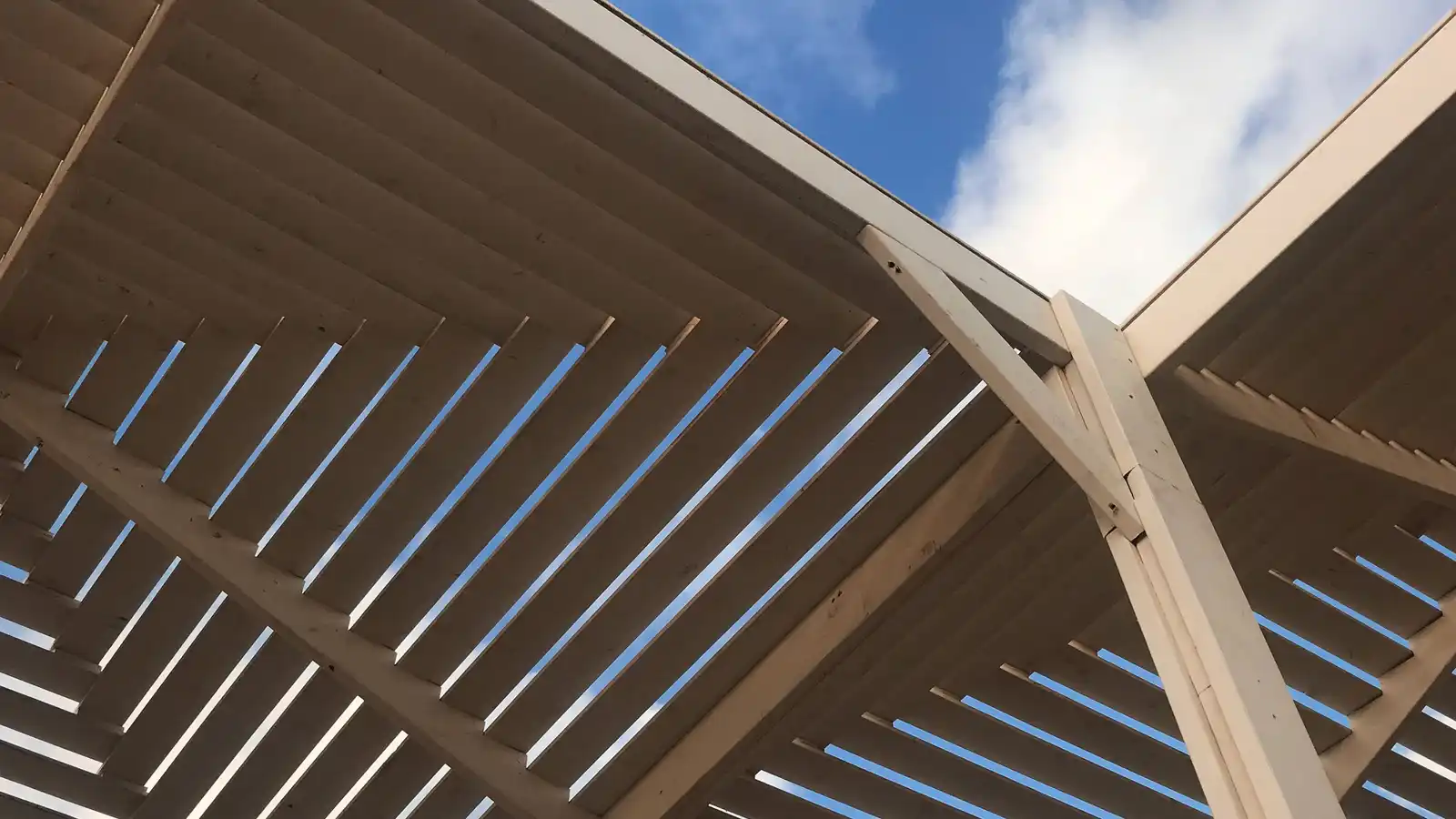 A close-up of a slatted louvered patio cover roof against the sky