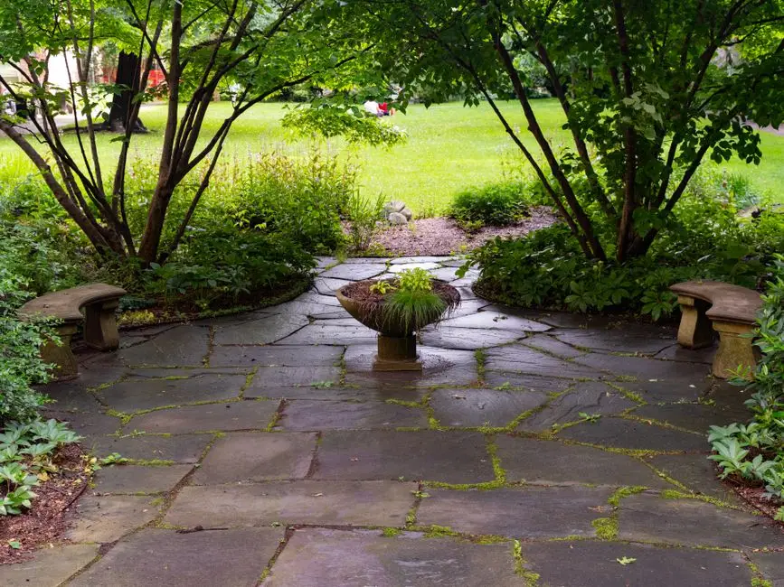 A flagstone paver patio surrounded by garden plantings, showing typical patio materials