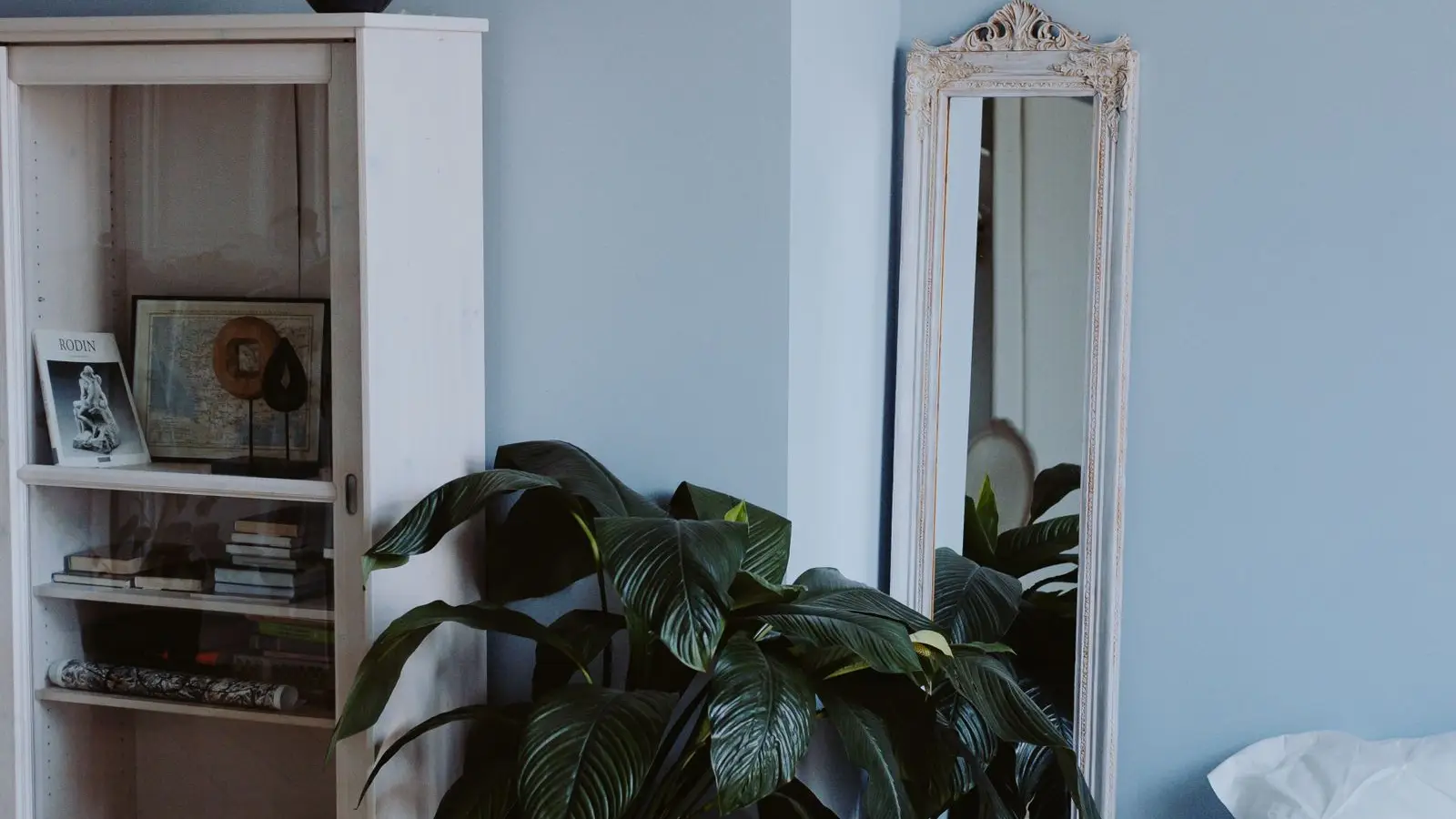 A leaning floor mirror beside a potted plant and bookcase in a blue bedroom
