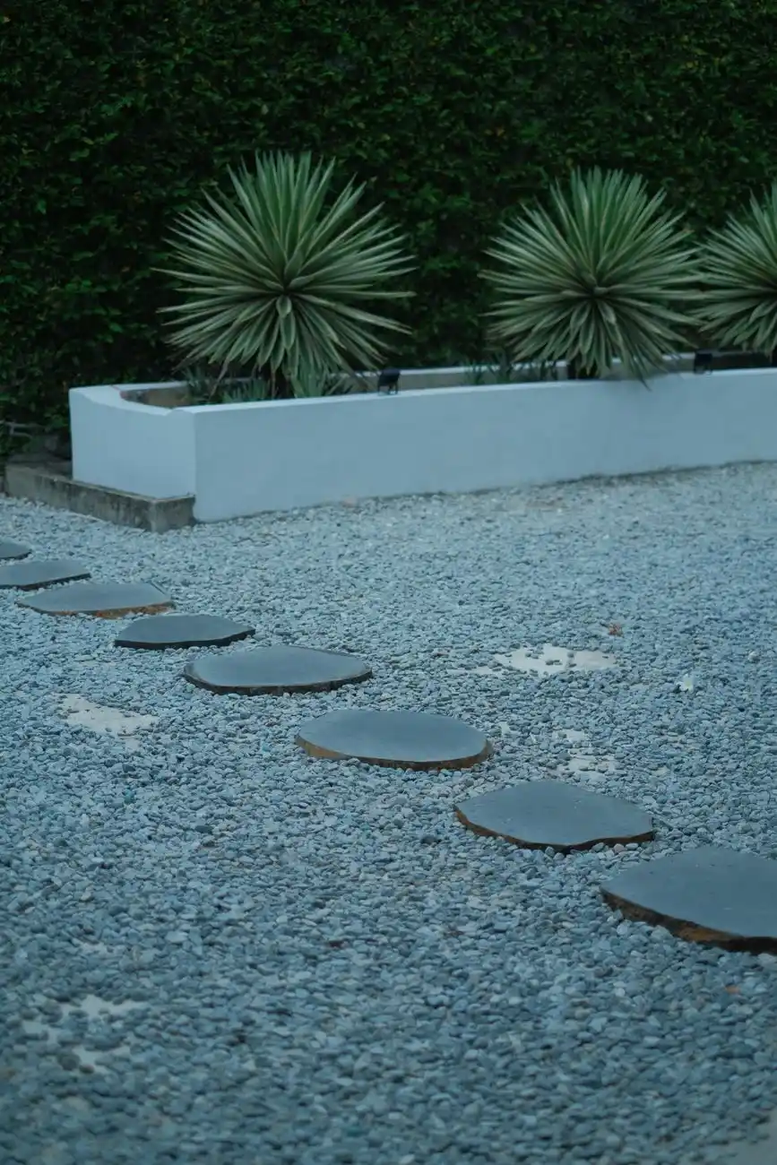 A gravel garden path with flat stepping stones near agave plants