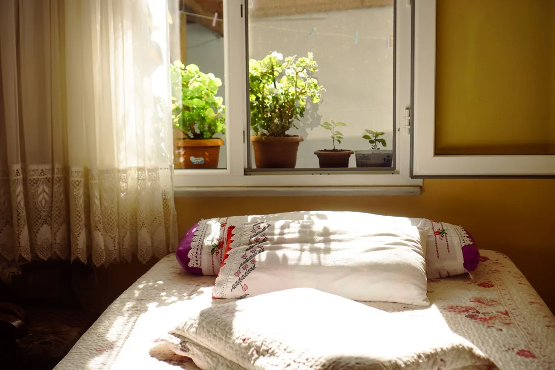 A sunlit bedroom windowsill with potted plants beside sheer curtains