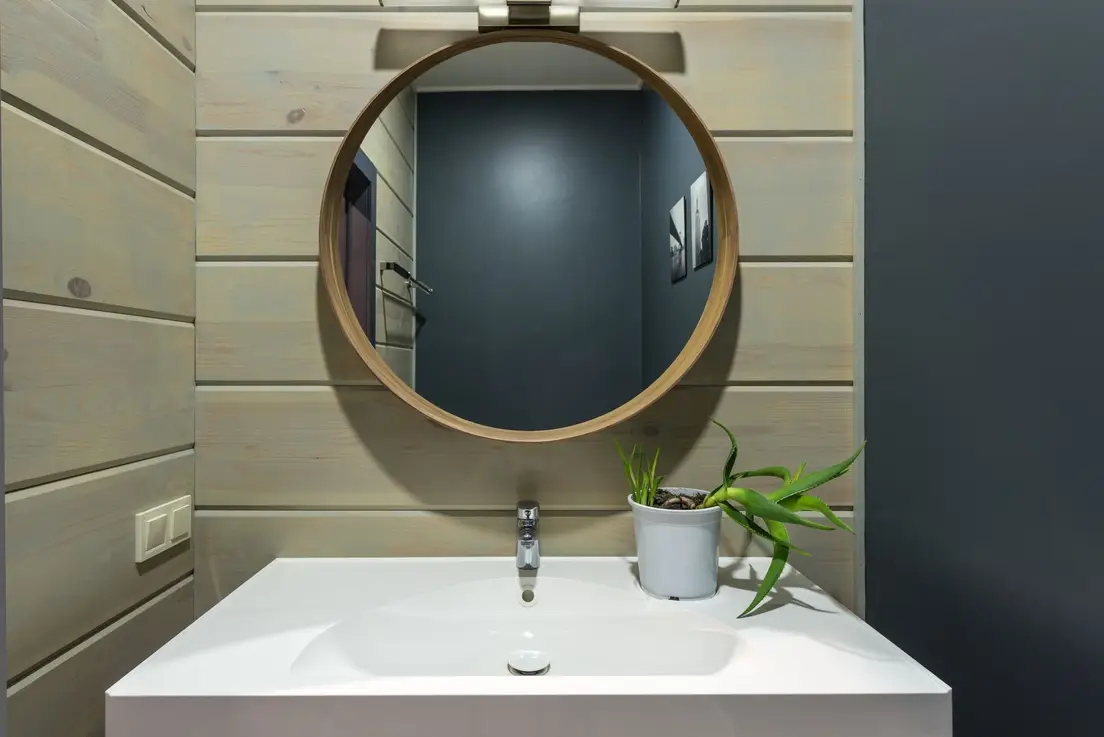 A round wood-framed mirror hanging above a small bathroom sink with a potted plant