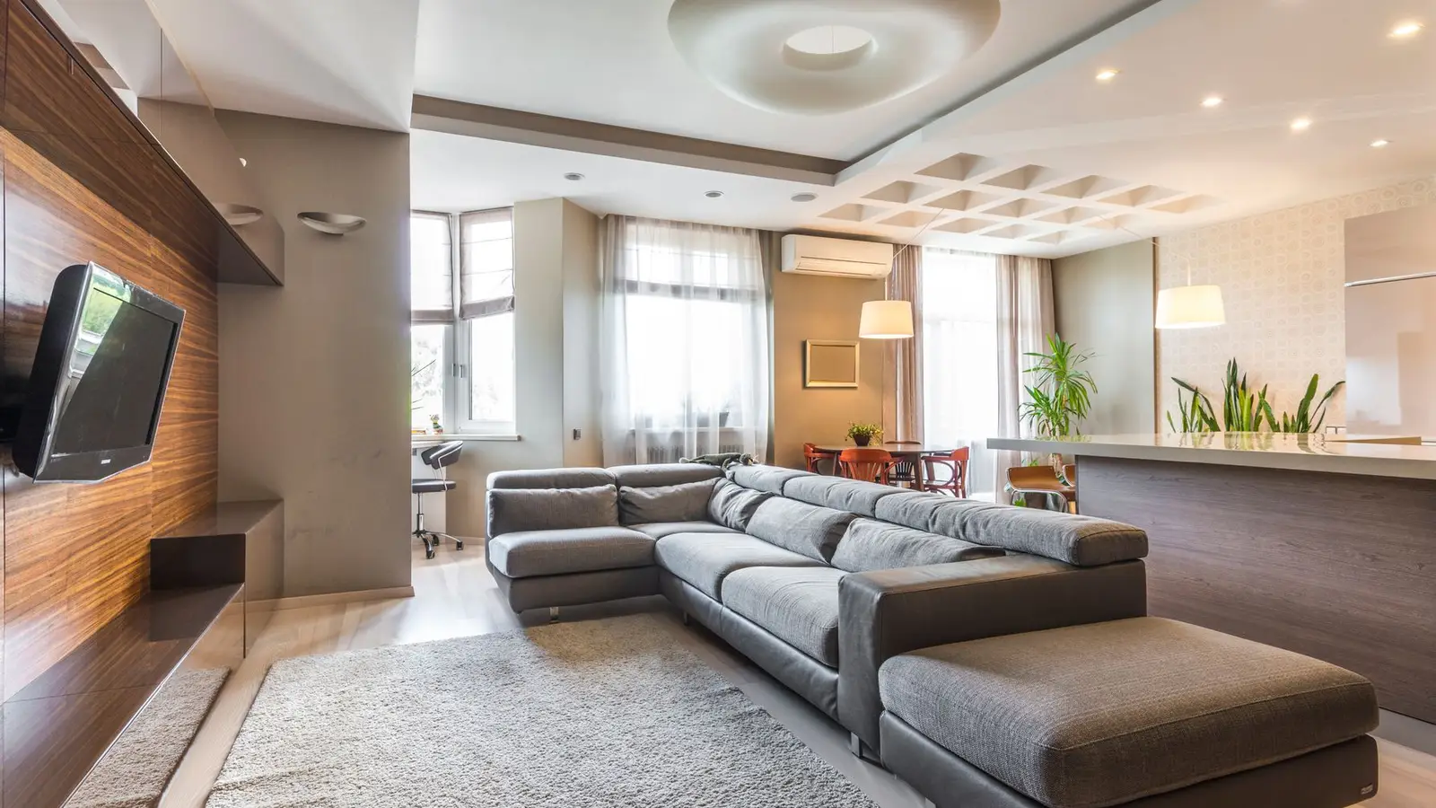 A large area rug anchoring a sectional sofa's front legs in a living room