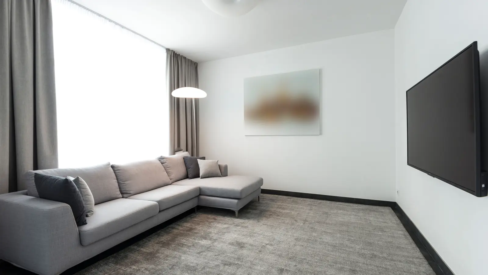 A gray minimalist living room with a neutral area rug anchoring a sectional sofa and TV wall