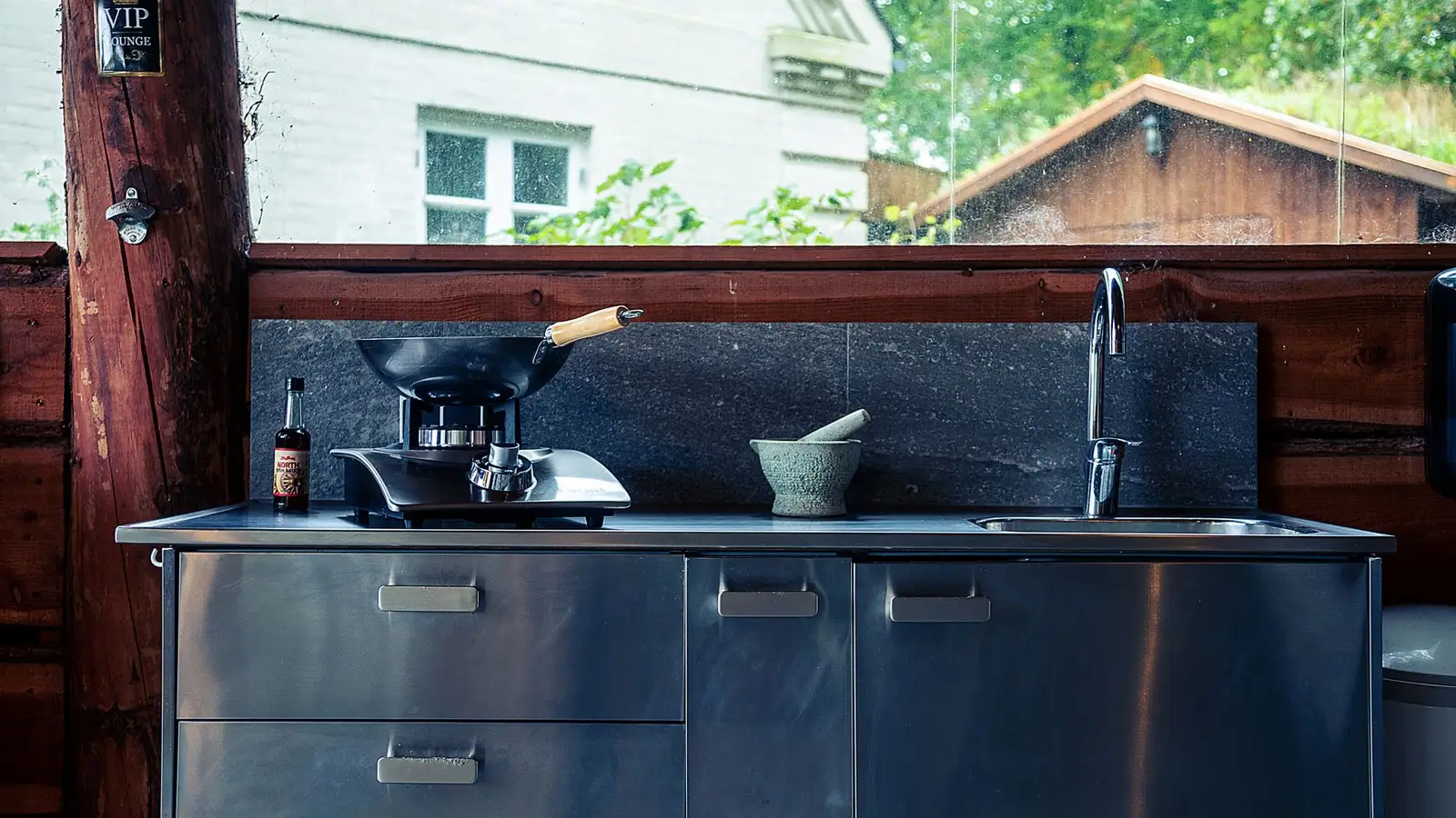 Stainless steel outdoor kitchen cabinet with sink for bbq area storage