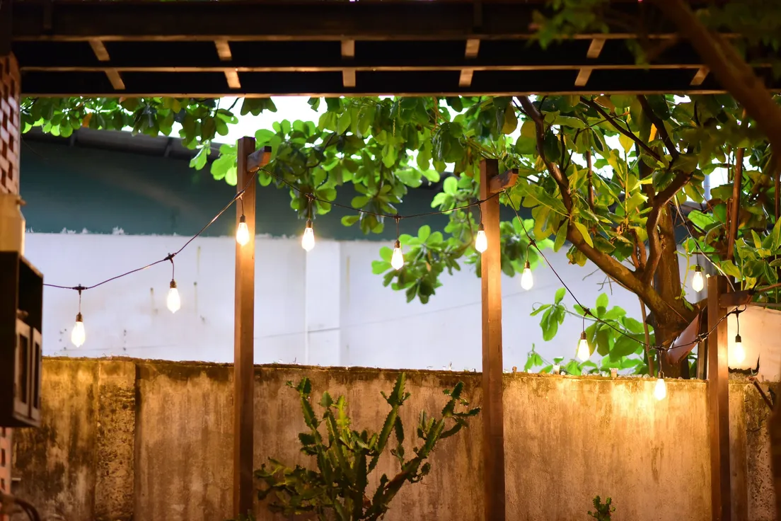 Warm string lights strung across a backyard patio for a party