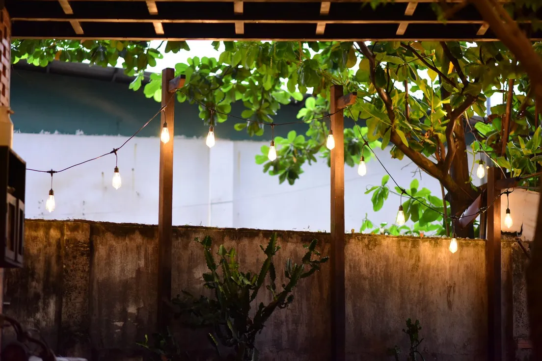Warm string lights hanging over a small backyard patio with a concrete wall and cactus