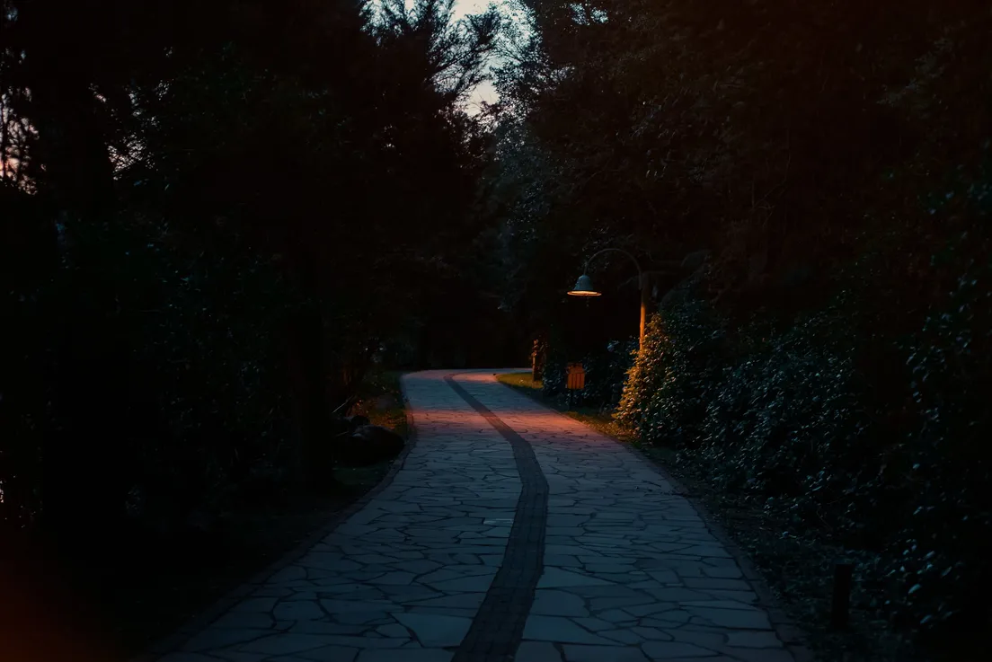 A stone garden walkway lit with warm path lighting at dusk