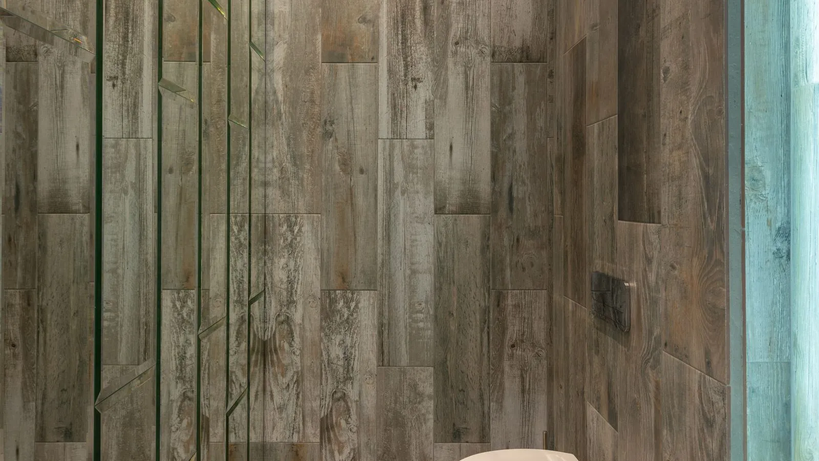 A minimalist bathroom with vertical wood-look plank tile covering the walls floor to ceiling